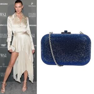 Judith Leiber Crystal Slide Lock Box Minaudiere Clutch Bag Navy Silver